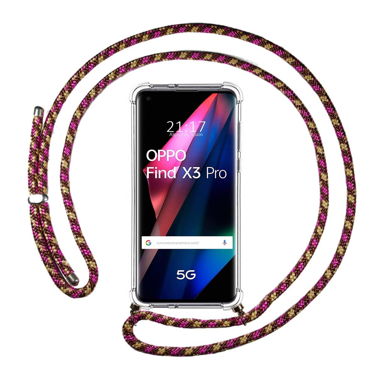 Funda Colgante Transparente para Oppo Find X3 Pro 5G con Cordon Rosa / Dorado
