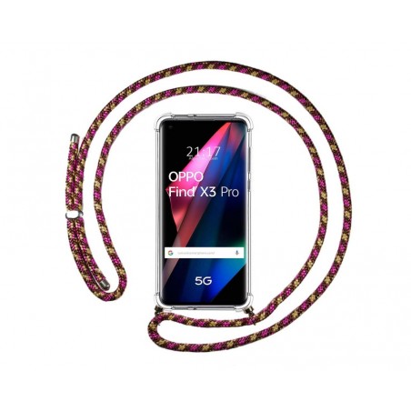 Funda Colgante Transparente para Oppo Find X3 Pro 5G con Cordon Rosa / Dorado
