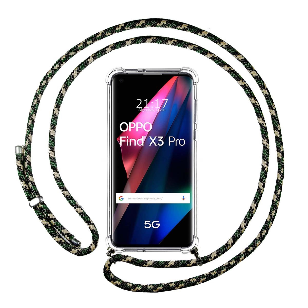 Funda Colgante Transparente para Oppo Find X3 Pro 5G con Cordon Verde / Dorado
