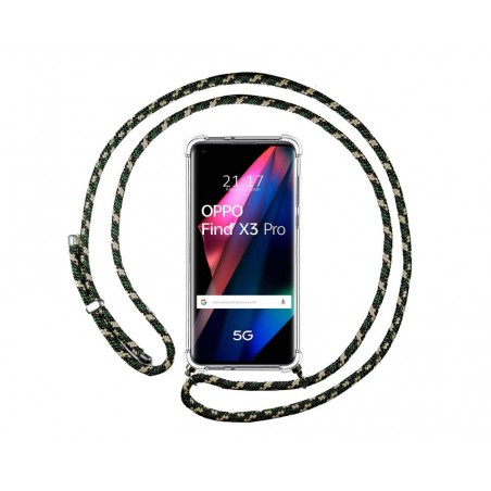 Funda Colgante Transparente para Oppo Find X3 Pro 5G con Cordon Verde / Dorado