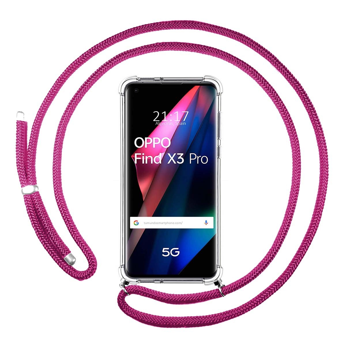 Oppo Find X3 Pro 5G Funda Colgante transparente con cordón color Rosa  Fucsia