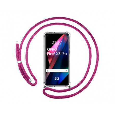 Funda Colgante Transparente para Oppo Find X3 Pro 5G con Cordon Rosa Fucsia