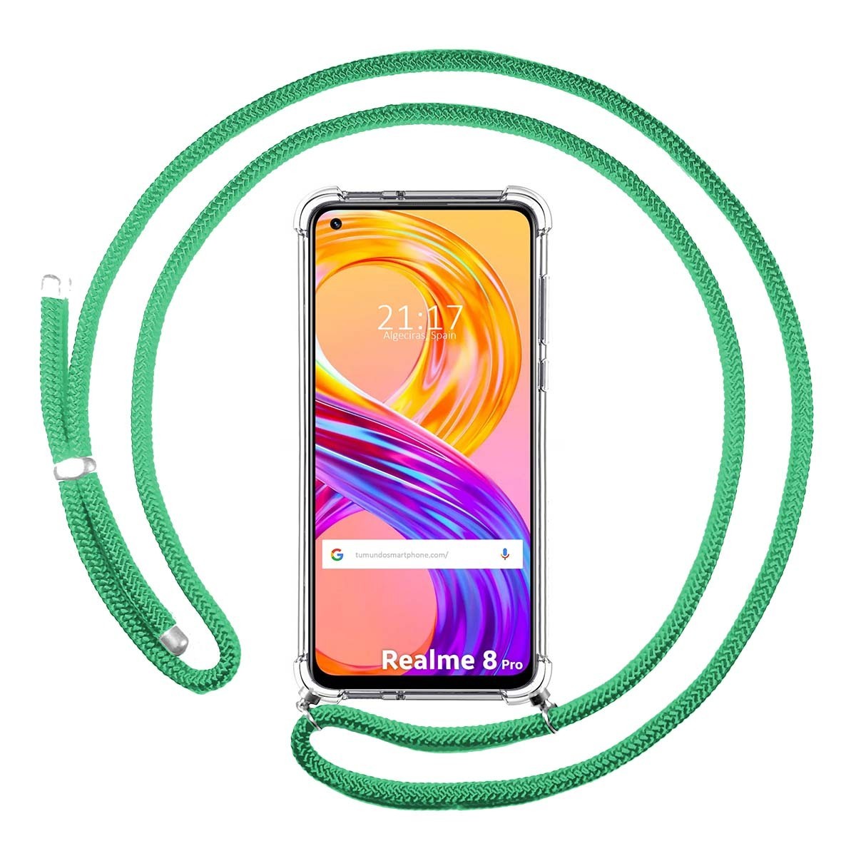 Funda Colgante Transparente para Realme 8 4G / 8 Pro con Cordon Verde Agua
