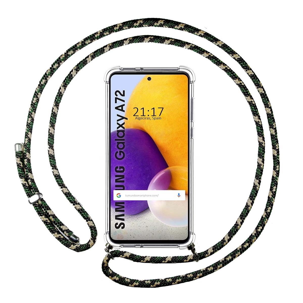 Funda Colgante Transparente para Samsung Galaxy A72 con Cordon Verde / Dorado