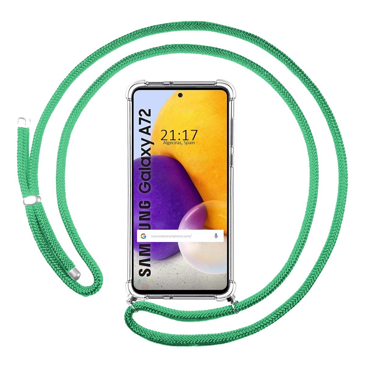 Funda Colgante Transparente para Samsung Galaxy A72 con Cordon Verde Agua