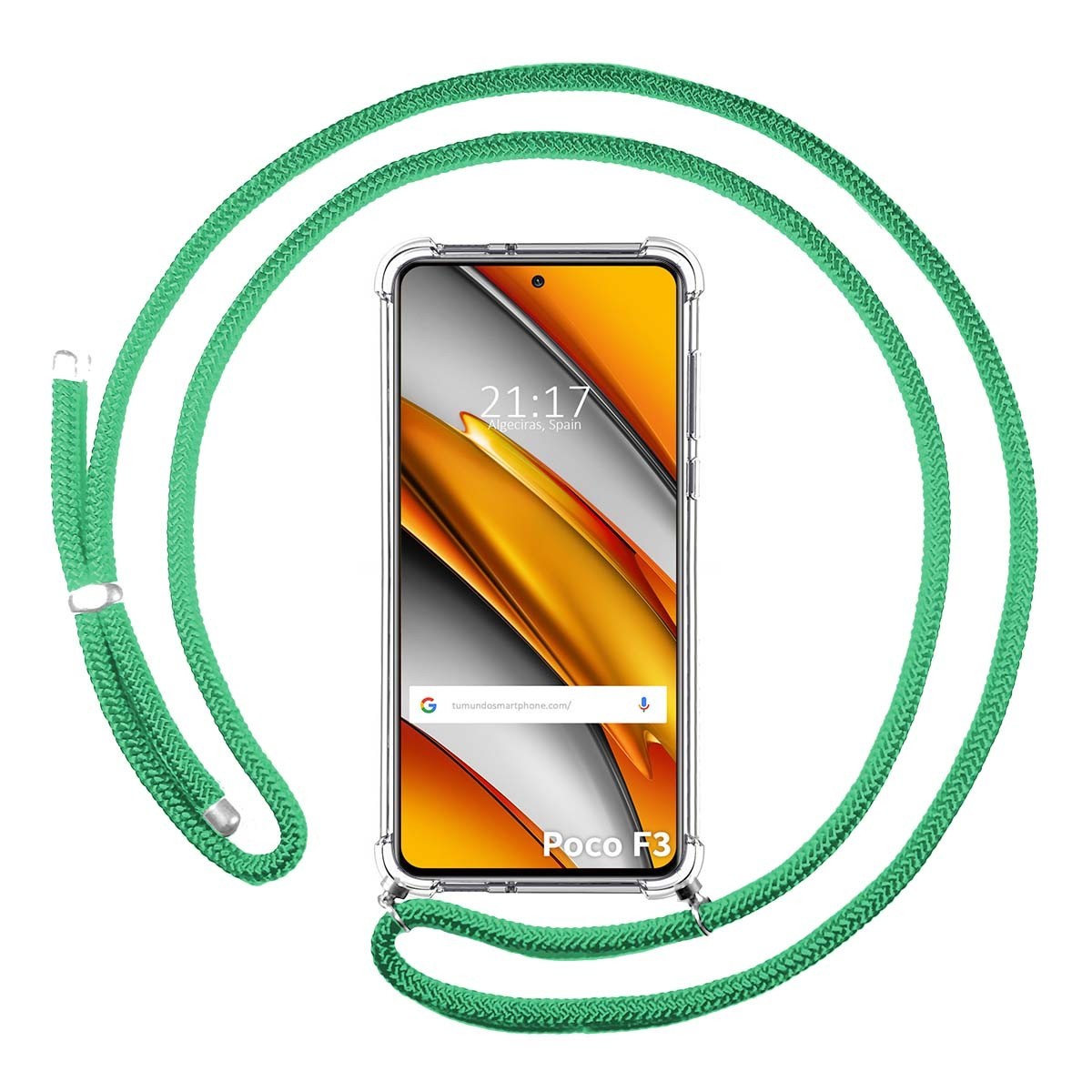 Funda Colgante Transparente para Xiaomi POCO F3 5G / Mi 11i 5G con Cordon Verde Agua