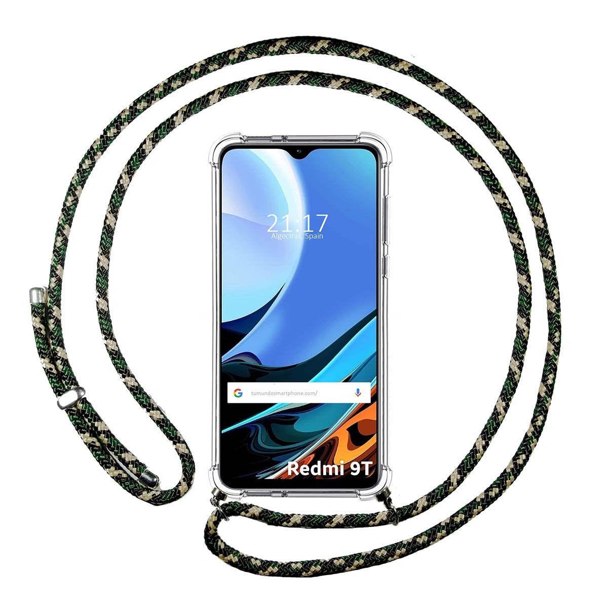 Funda Colgante Transparente para Xiaomi Redmi 9T con Cordon Verde / Dorado