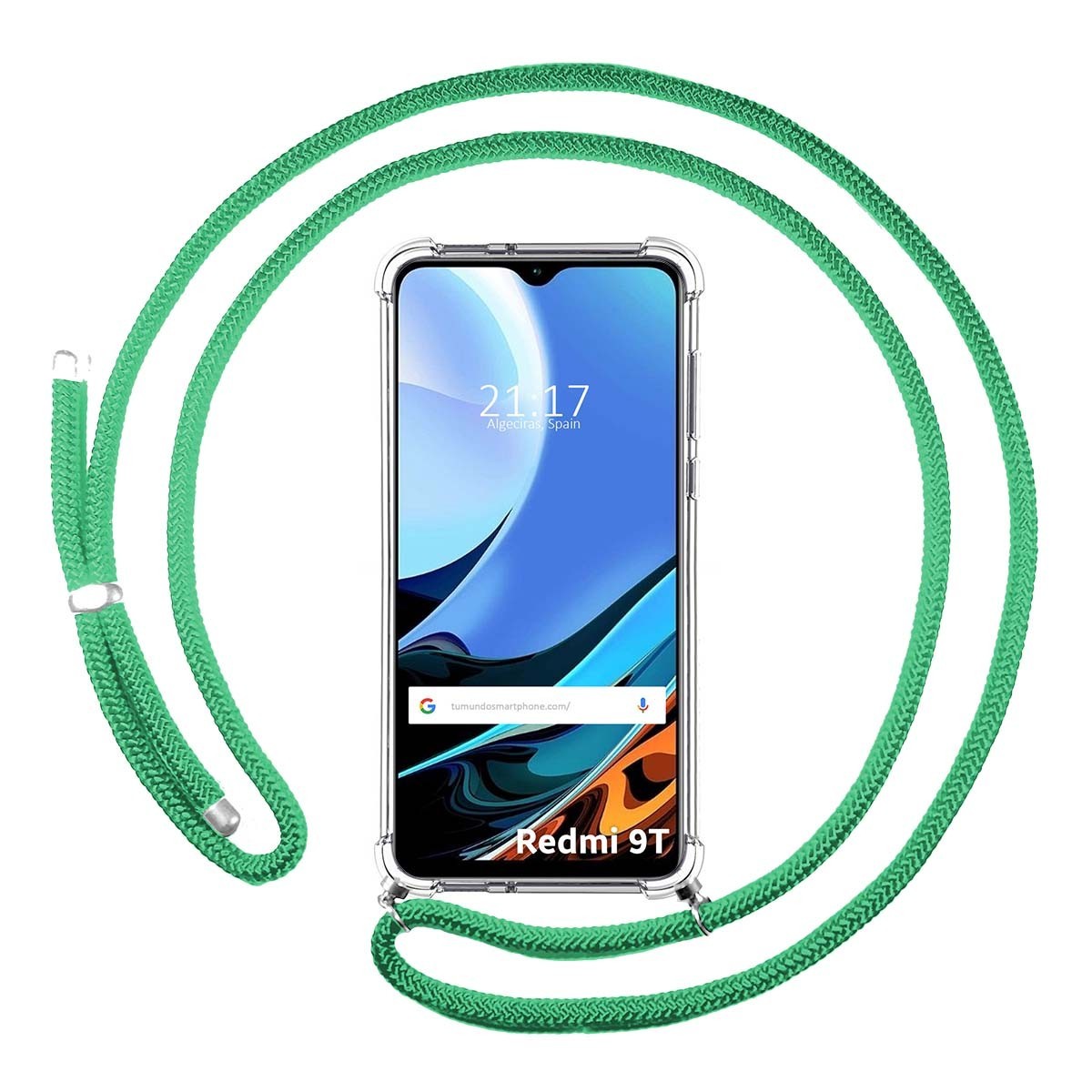 Funda Colgante Transparente para Xiaomi Redmi 9T con Cordon Verde Agua