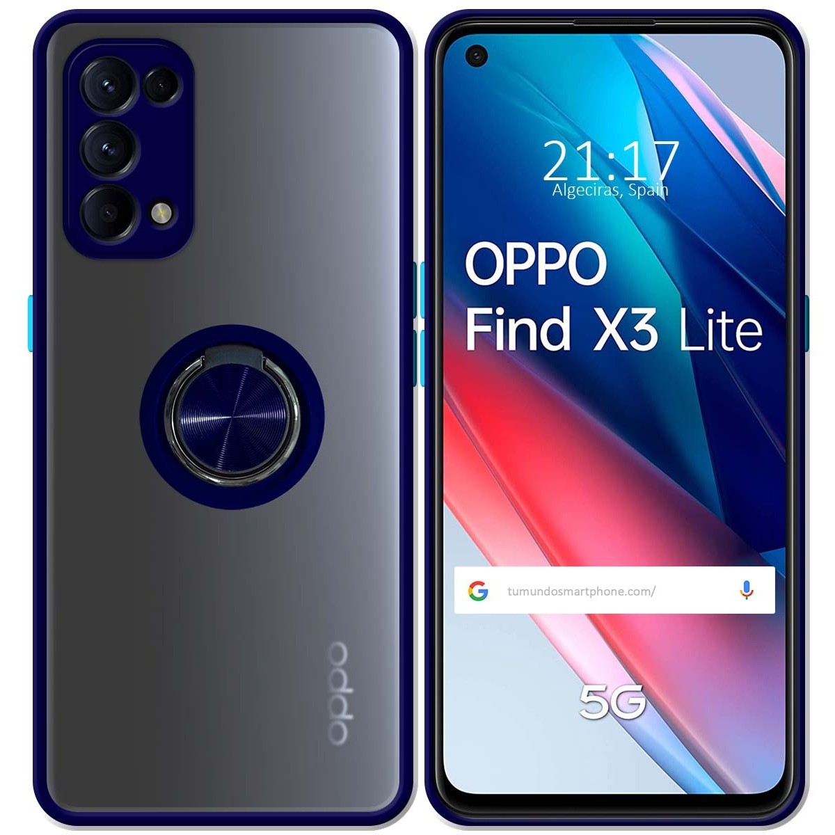 Funda Mate con Borde Azul y Anillo Giratorio 360 para Oppo Find X3 Lite 5G