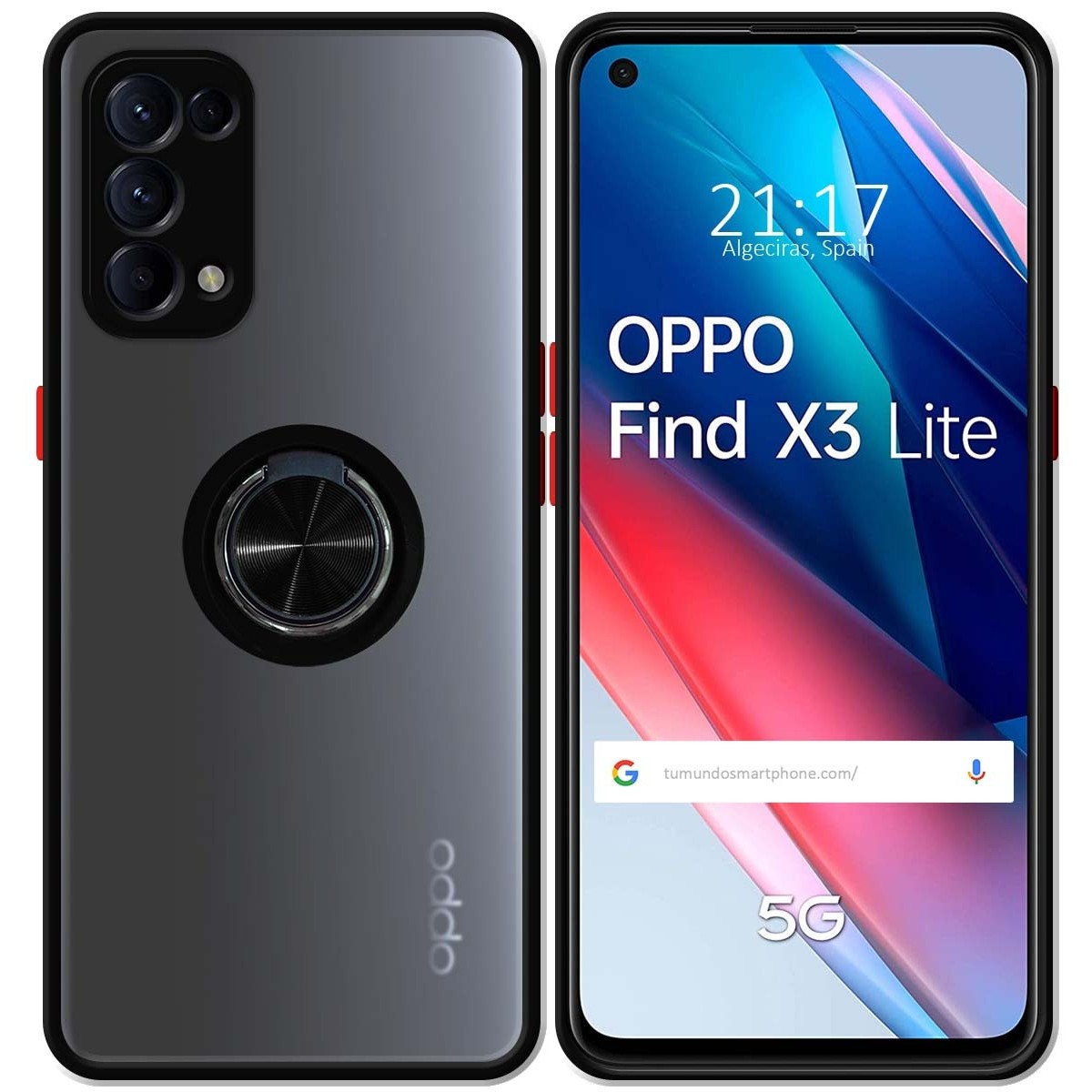 Funda Mate con Borde Negra y Anillo Giratorio 360 para Oppo Find X3 Lite 5G