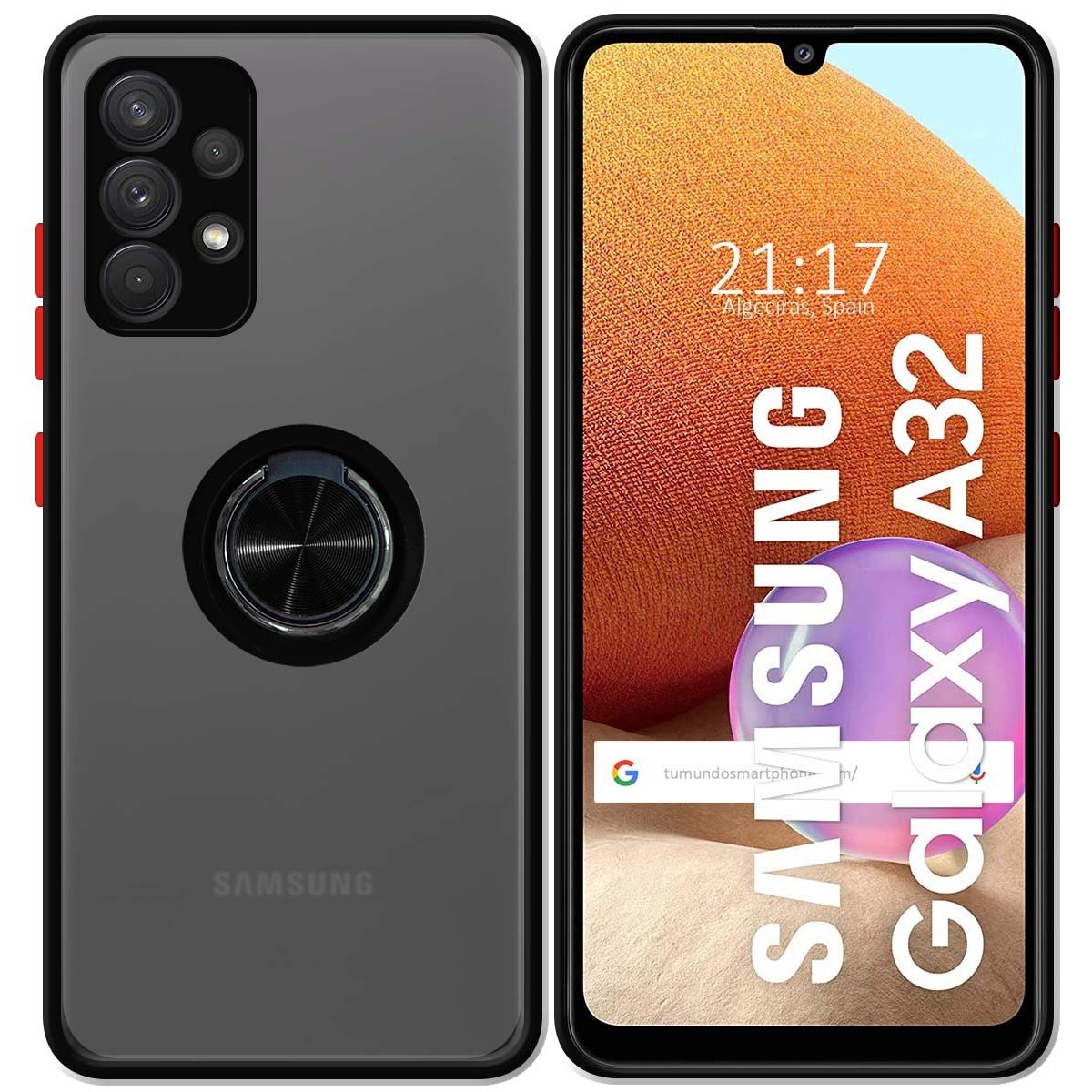 Funda Mate con Borde Negra y Anillo Giratorio 360 para Samsung Galaxy A32 4G