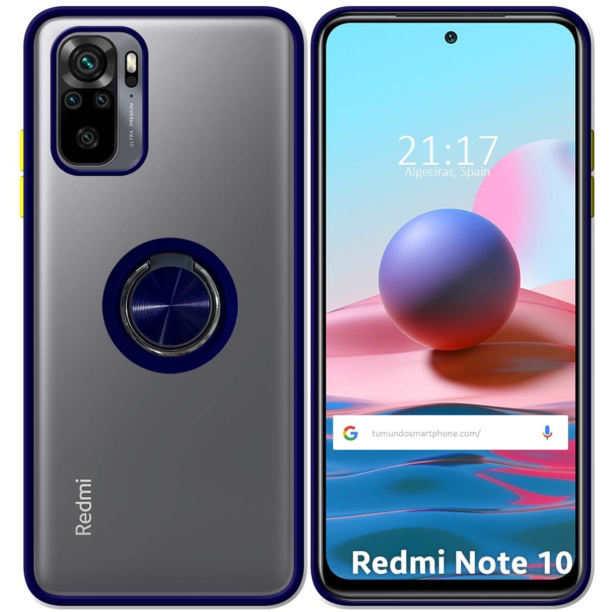 Funda Mate con Borde Azul y Anillo Giratorio 360 para Xiaomi Redmi Note 10 / 10S
