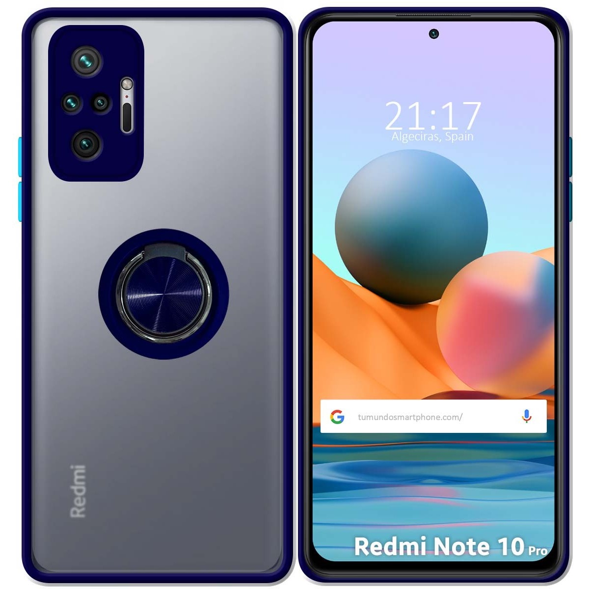 Funda Mate con Borde Azul y Anillo Giratorio 360 para Xiaomi Redmi Note 10 Pro