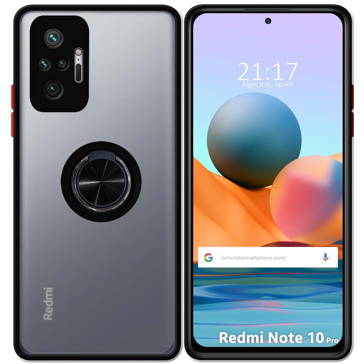 Funda Mate con Borde Negra y Anillo Giratorio 360 para Xiaomi Redmi Note 10 Pro