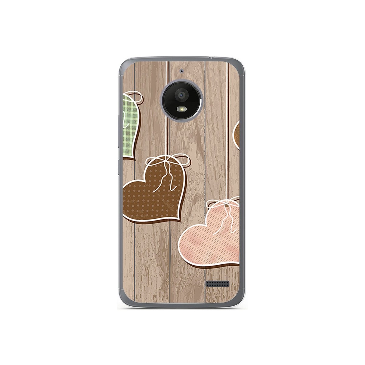 Funda Gel Tpu para Motorola Moto E4 Diseño Corazones Madera Dibujos