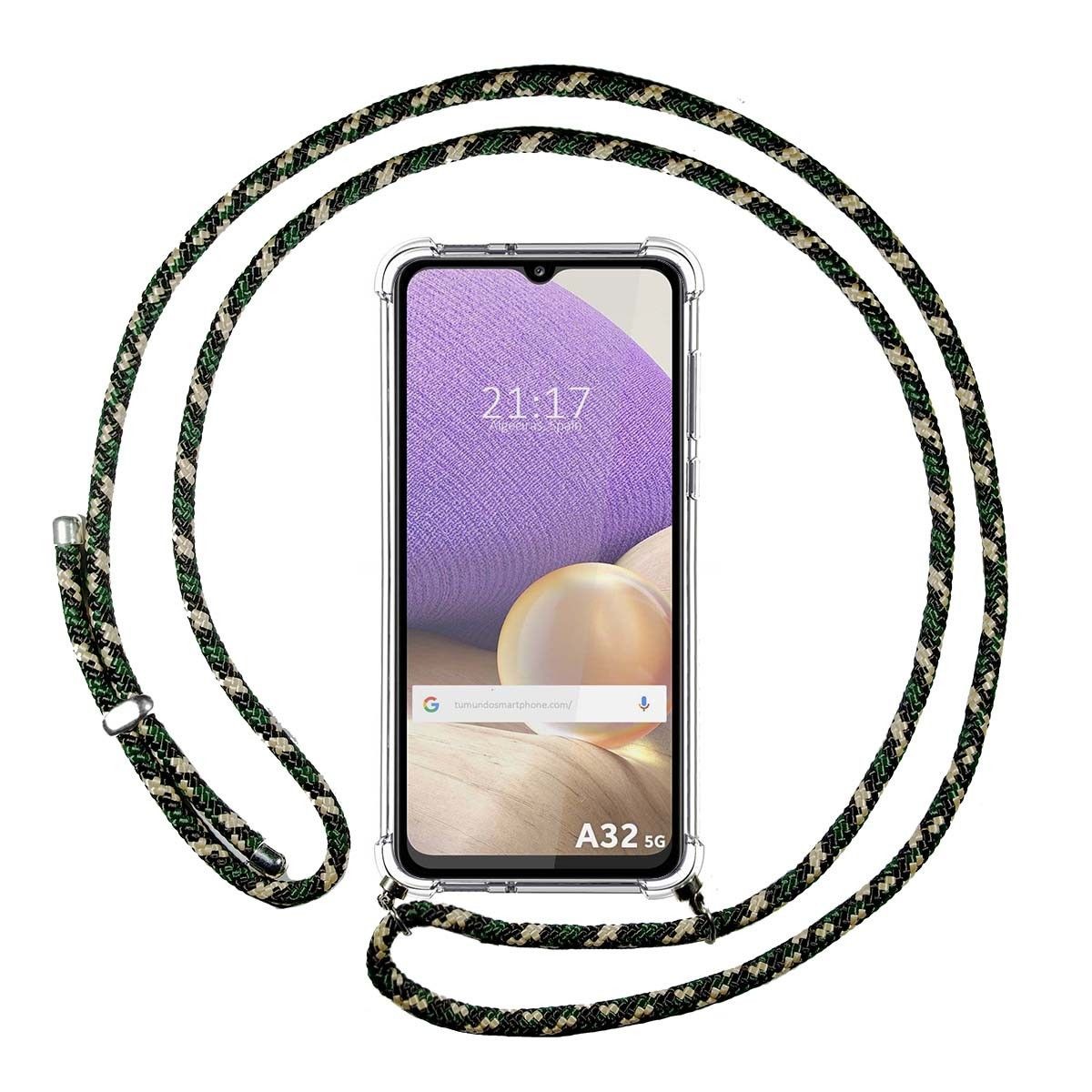 Funda Colgante Transparente para Samsung Galaxy A32 4G con Cordon Verde / Dorado