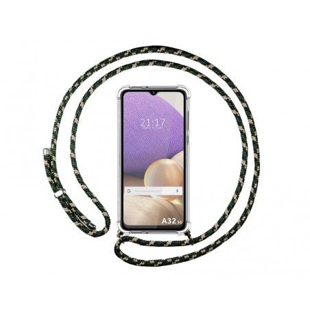 Funda Colgante Transparente para Samsung Galaxy A32 4G con Cordon Verde / Dorado