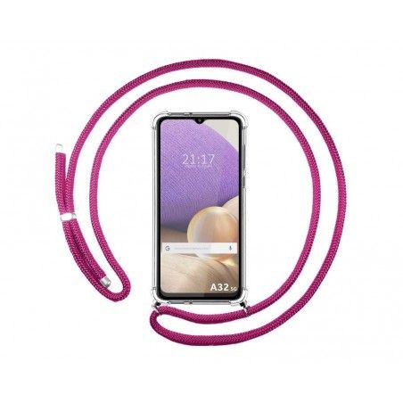 Funda Colgante Transparente para Samsung Galaxy A32 4G con Cordon Rosa Fucsia