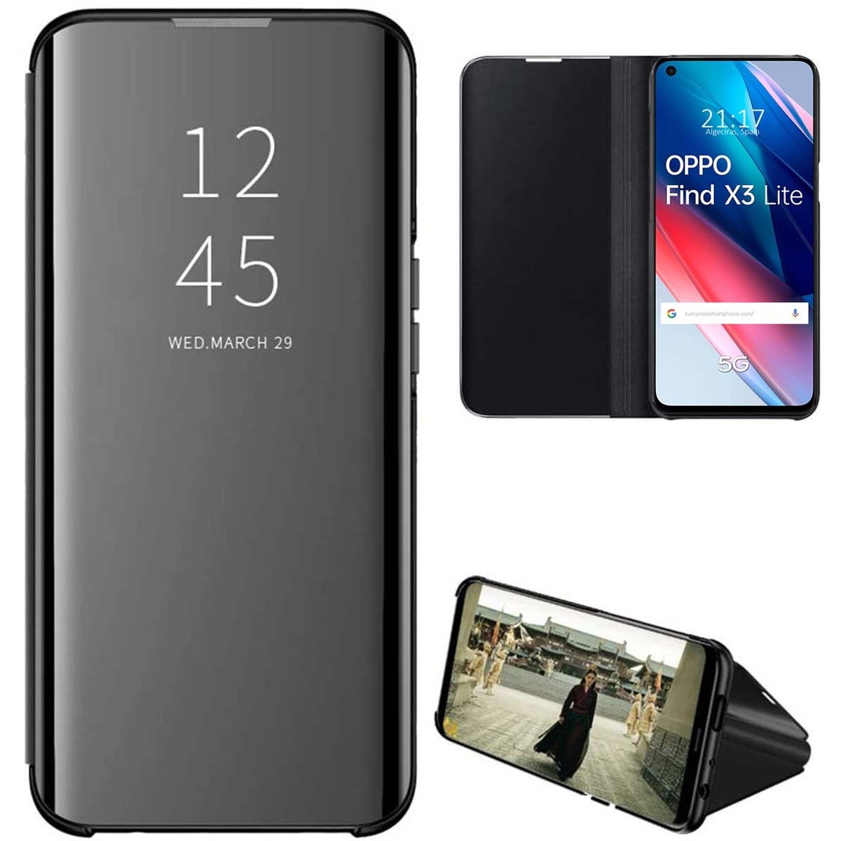 Funda Flip Cover Clear View para Oppo Find X3 Lite 5G color Negra