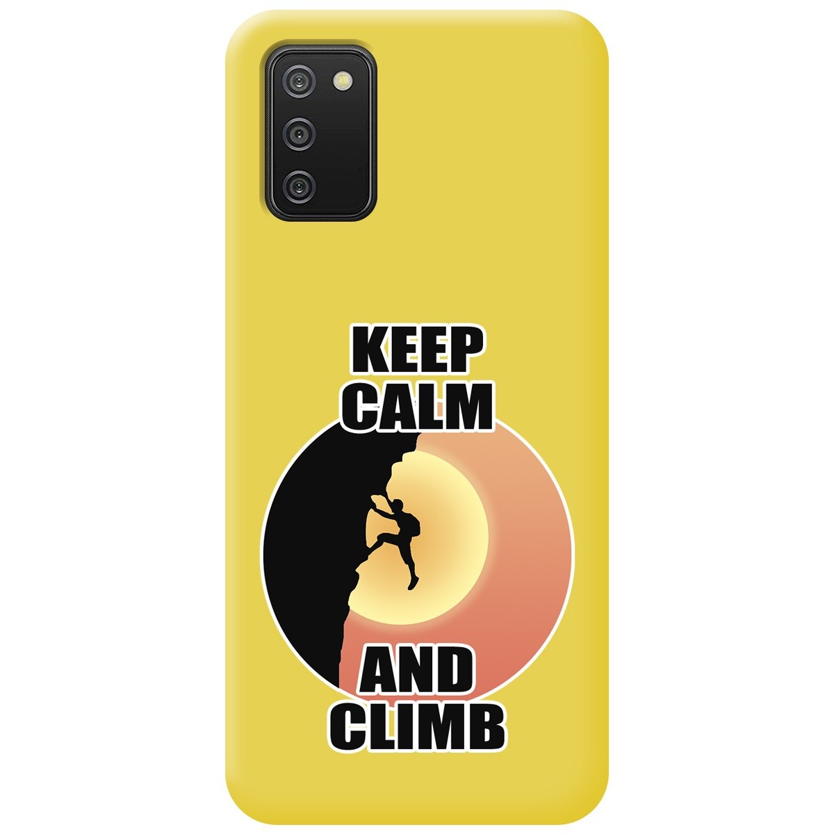 Funda Silicona Líquida Amarilla para Samsung Galaxy A02s diseño Hombre Escalada Dibujos