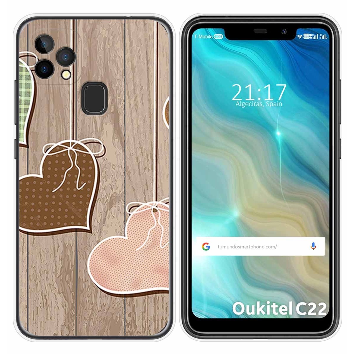 Funda Gel Tpu para Oukitel C22 diseño Corazones Madera Dibujos