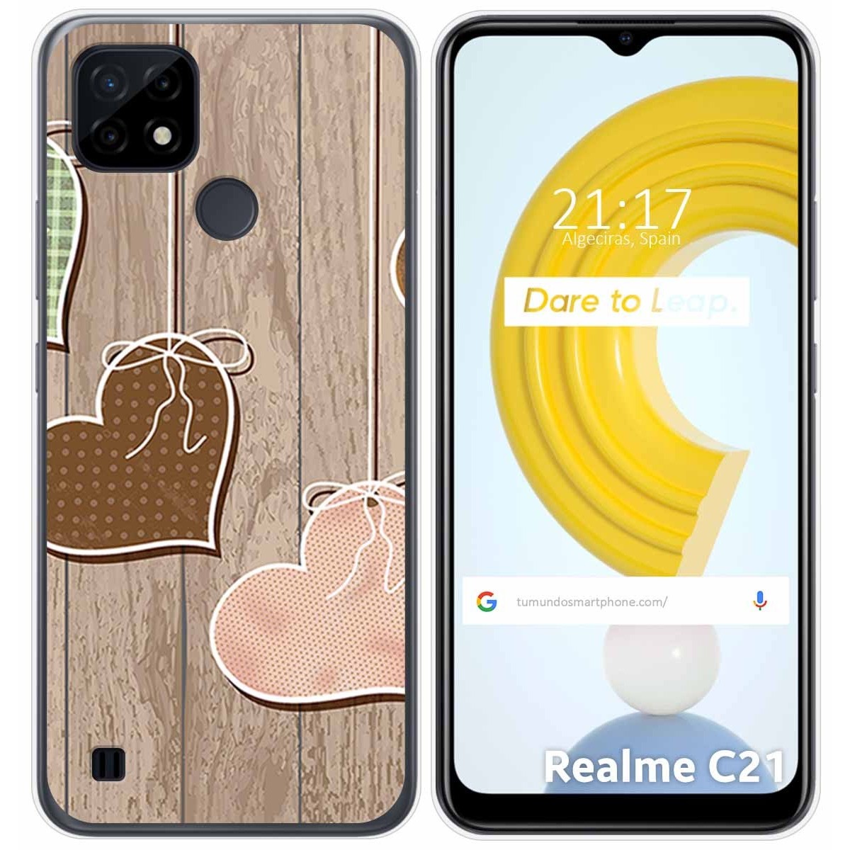 Funda Gel Tpu para Realme C21 diseño Corazones Madera Dibujos