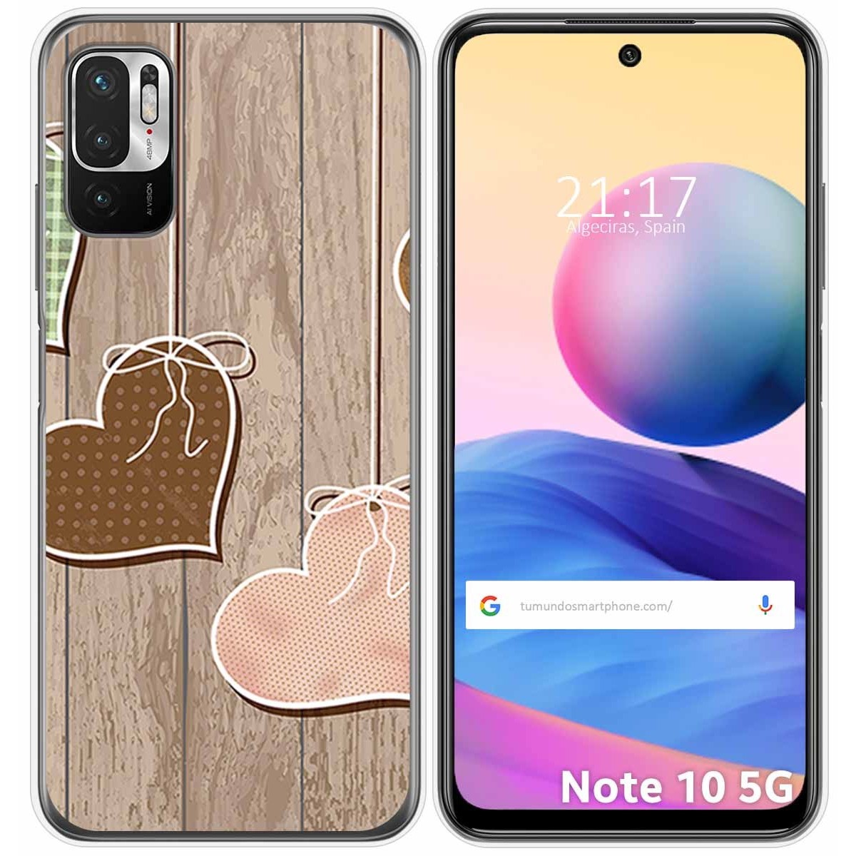 Funda Gel Tpu para Xiaomi Redmi Note 10 5G / POCO M3 PRO 5G diseño Corazones Madera Dibujos