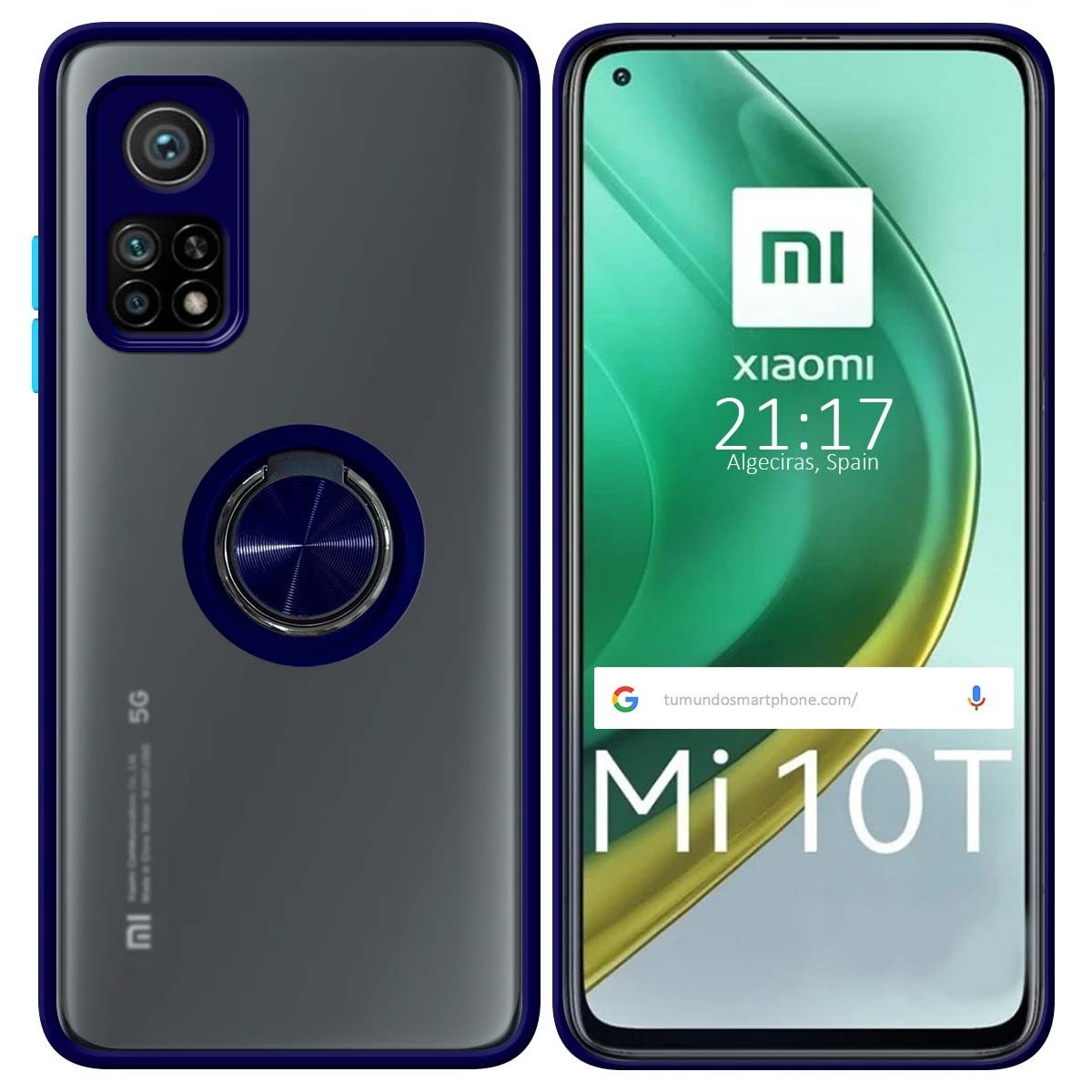 Funda Mate con Borde Azul y Anillo Giratorio 360 para Xiaomi Mi 10T 5G / MI 10T Pro 5G
