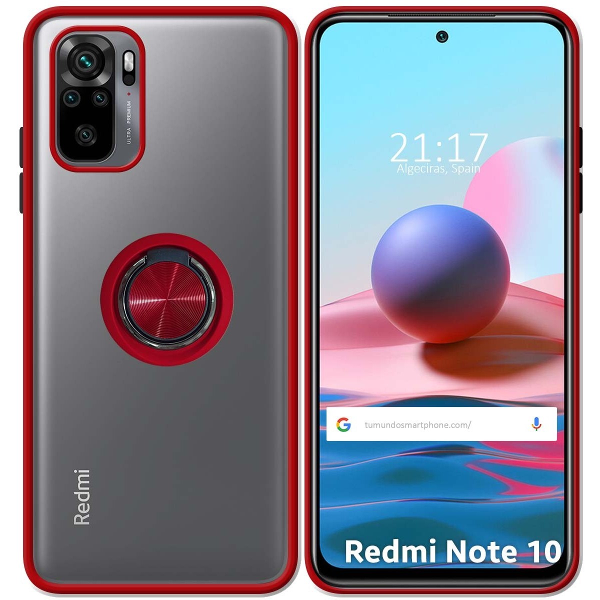 Funda Mate con Borde Roja y Anillo Giratorio 360 para Xiaomi Redmi Note 10 / 10S