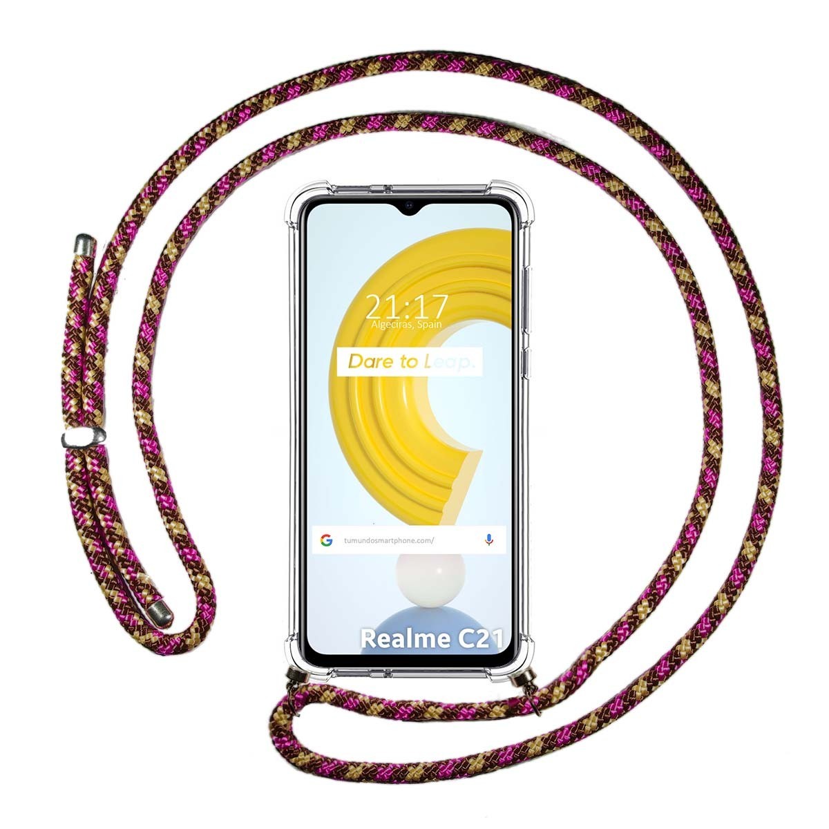 Funda Colgante Transparente para Realme C21 con Cordon Rosa / Dorado