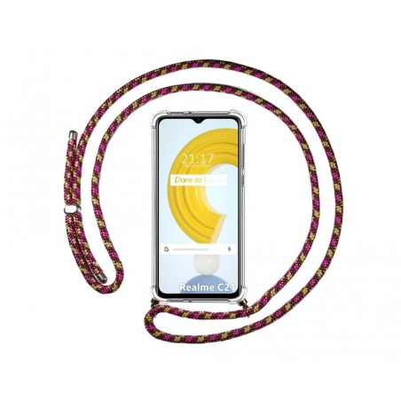 Funda Colgante Transparente para Realme C21 con Cordon Rosa / Dorado