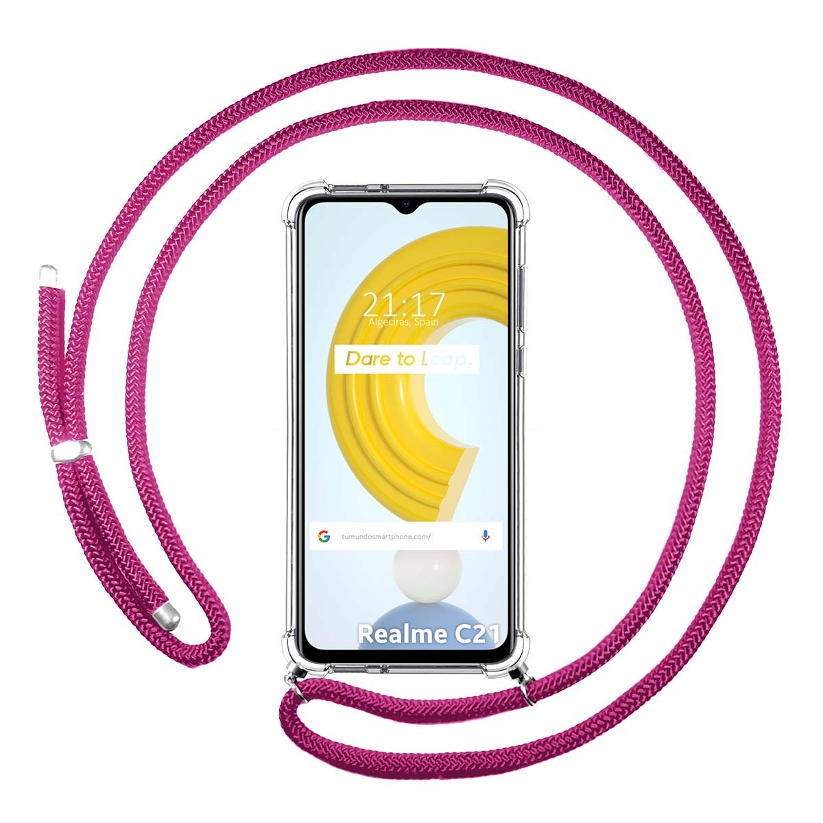 Funda Colgante Transparente para Realme C21 con Cordon Rosa Fucsia