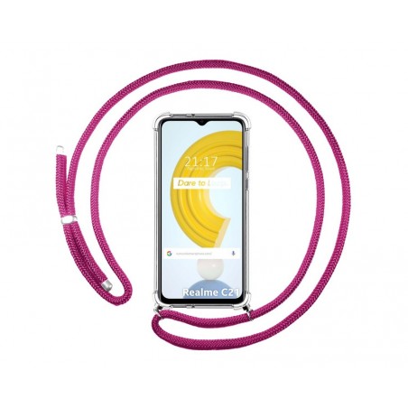 Funda Colgante Transparente para Realme C21 con Cordon Rosa Fucsia