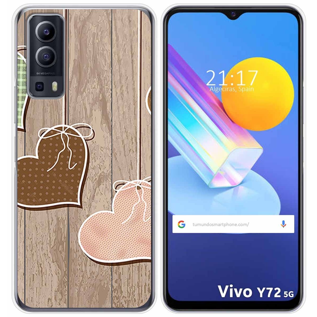 Funda Gel Tpu para Vivo Y52 5G / Y72 5G diseño Corazones Madera Dibujos