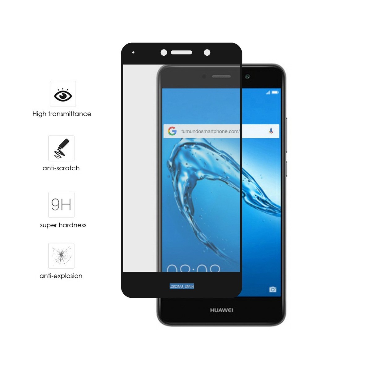 Protector Cristal Templado Frontal Completo Negro para Huawei Y7 Vidrio