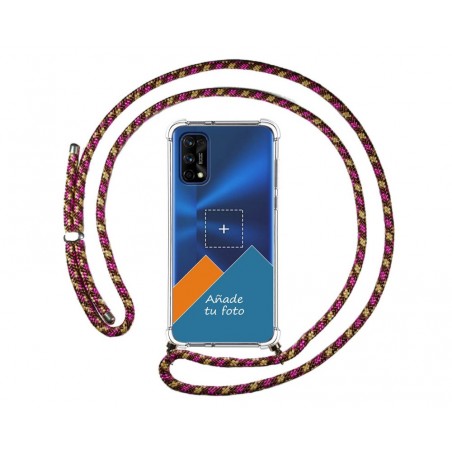 Personaliza tu Funda Colgante Transparente para Realme 7 Pro con Cordon Rosa / Dorado Dibujo Personalizada