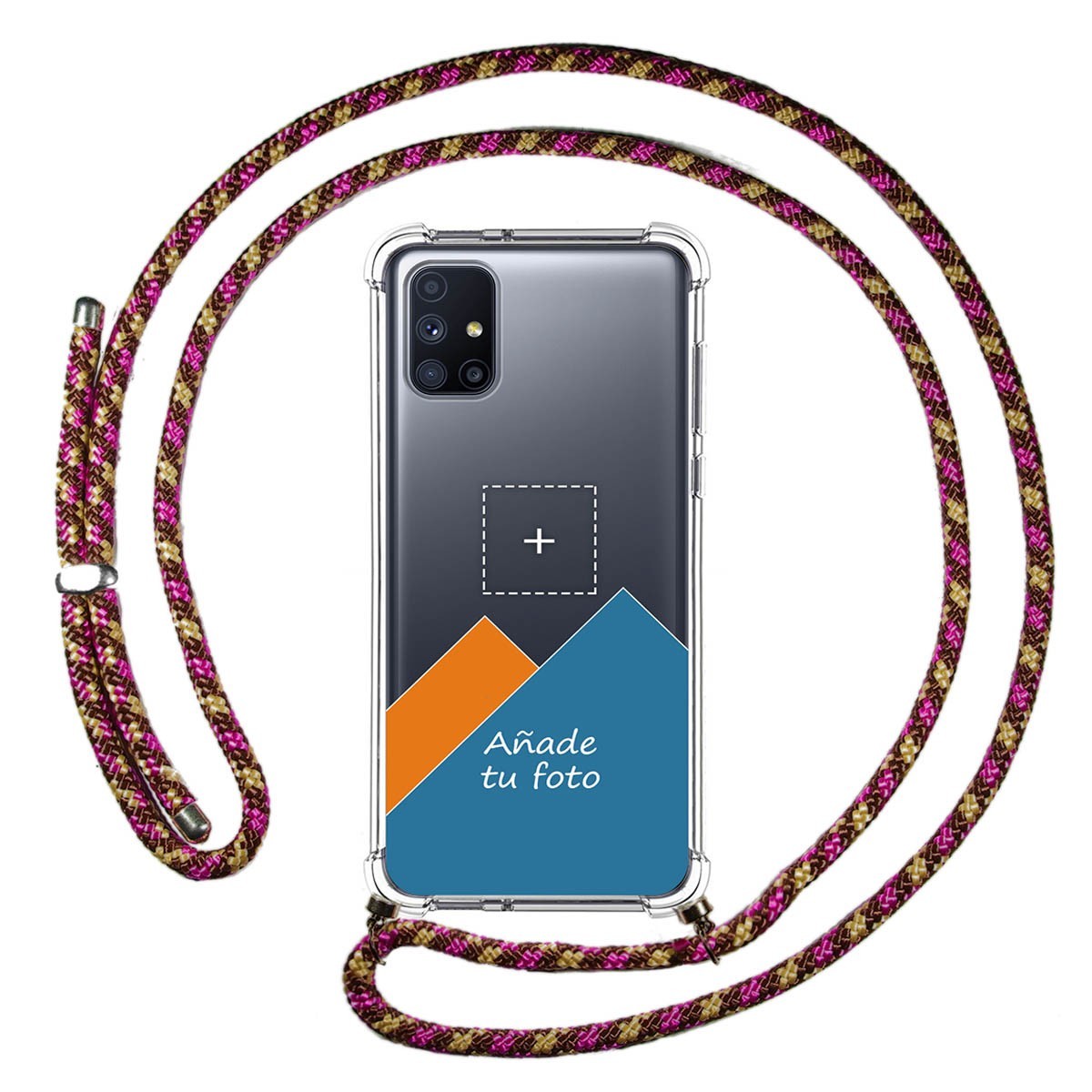 Personaliza tu Funda Colgante Transparente para Samsung Galaxy M51 con Cordon Rosa / Dorado Dibujo Personalizada