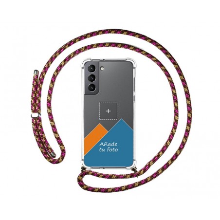 Personaliza tu Funda Colgante Transparente para Samsung Galaxy S21 5G con Cordon Rosa / Dorado Dibujo Personalizada