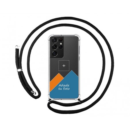 Personaliza tu Funda Colgante Transparente para Samsung Galaxy S21 Ultra 5G con Cordon Negro Dibujo Personalizada