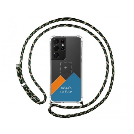 Personaliza tu Funda Colgante Transparente para Samsung Galaxy S21 Ultra 5G con Cordon Verde / Dorado Dibujo Personalizada