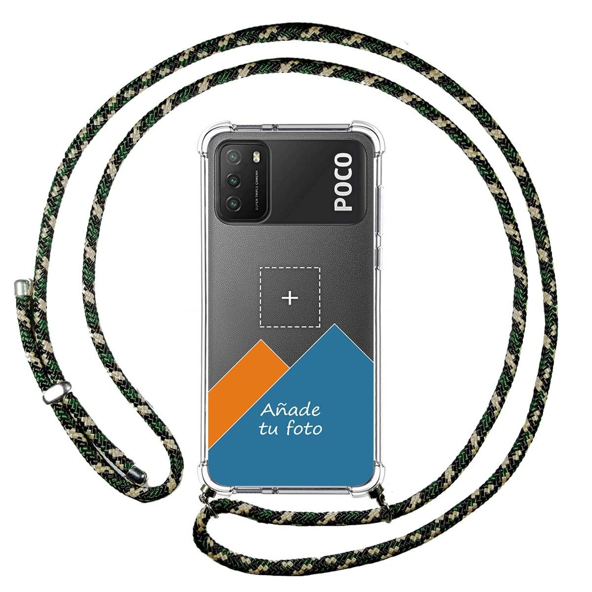 Personaliza tu Funda Colgante Transparente para Xiaomi POCO M3 / Redmi 9T con Cordon Verde / Dorado Dibujo Personalizada