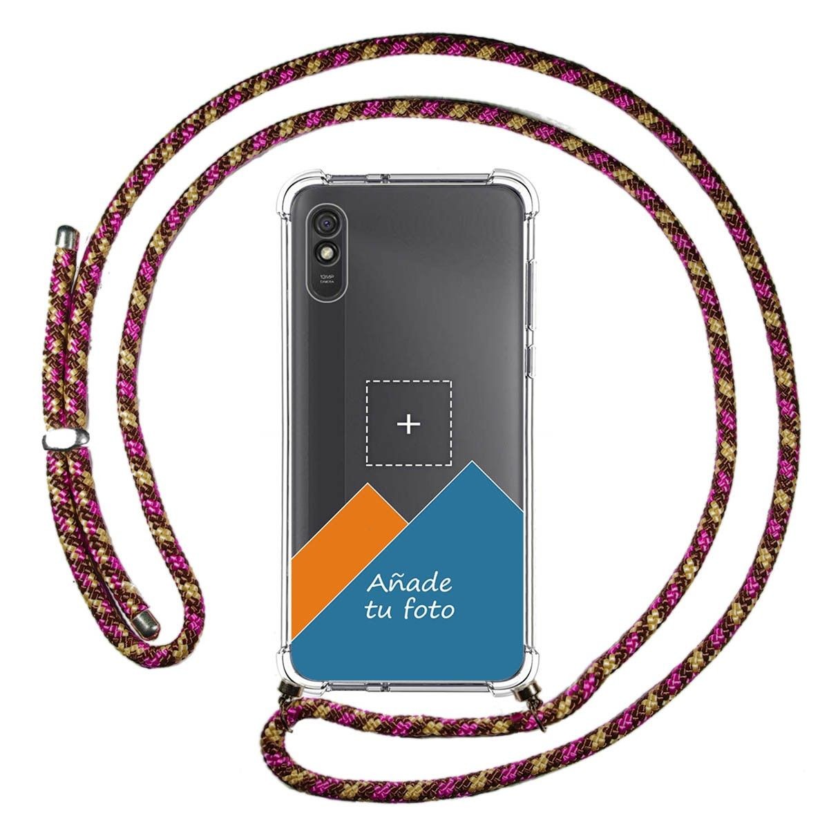 Personaliza tu Funda Colgante Transparente para Xiaomi Redmi 9A / 9AT con Cordon Rosa / Dorado Dibujo Personalizada