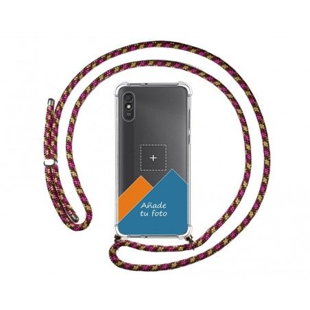 Personaliza tu Funda Colgante Transparente para Xiaomi Redmi 9A / 9AT con Cordon Rosa / Dorado Dibujo Personalizada