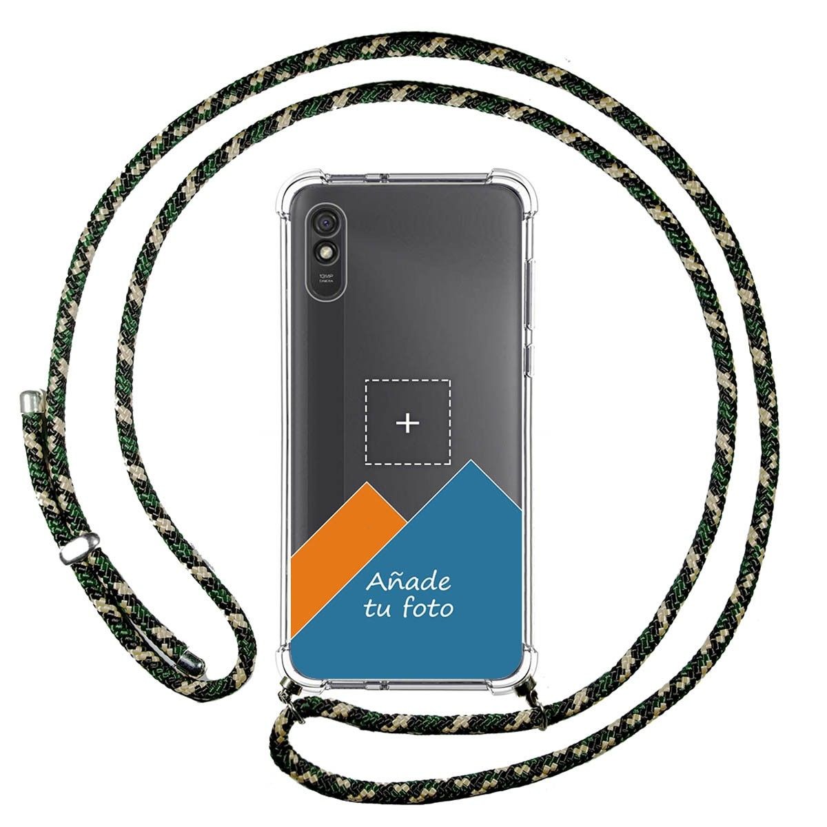 Personaliza tu Funda Colgante Transparente para Xiaomi Redmi 9A / 9AT con Cordon Verde / Dorado Dibujo Personalizada