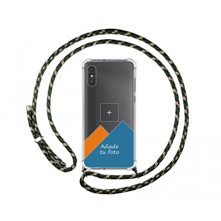 Personaliza tu Funda Colgante Transparente para Xiaomi Redmi 9A / 9AT con Cordon Verde / Dorado Dibujo Personalizada