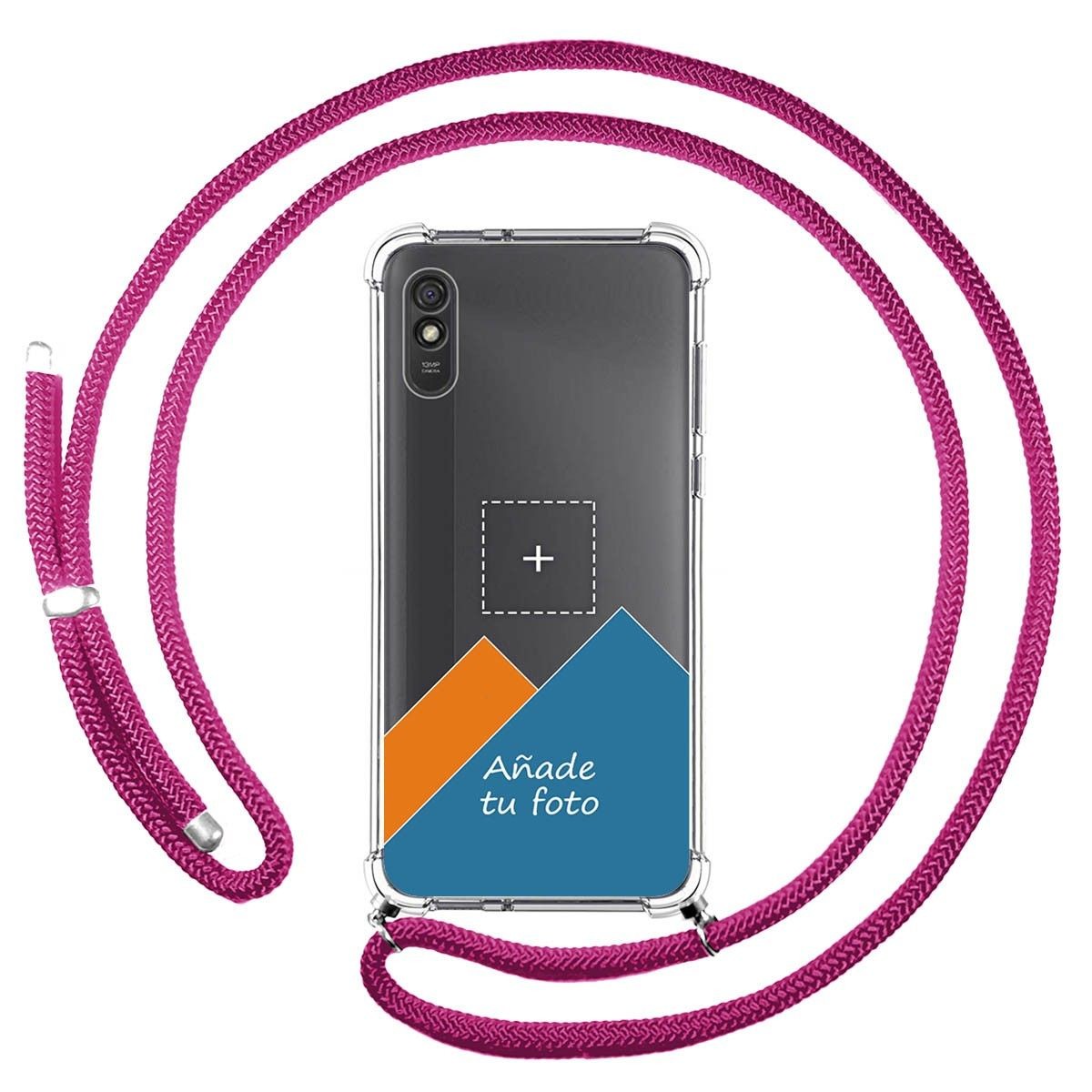 Personaliza tu Funda Colgante Transparente para Xiaomi Redmi 9A / 9AT con Cordon Rosa Fucsia Dibujo Personalizada
