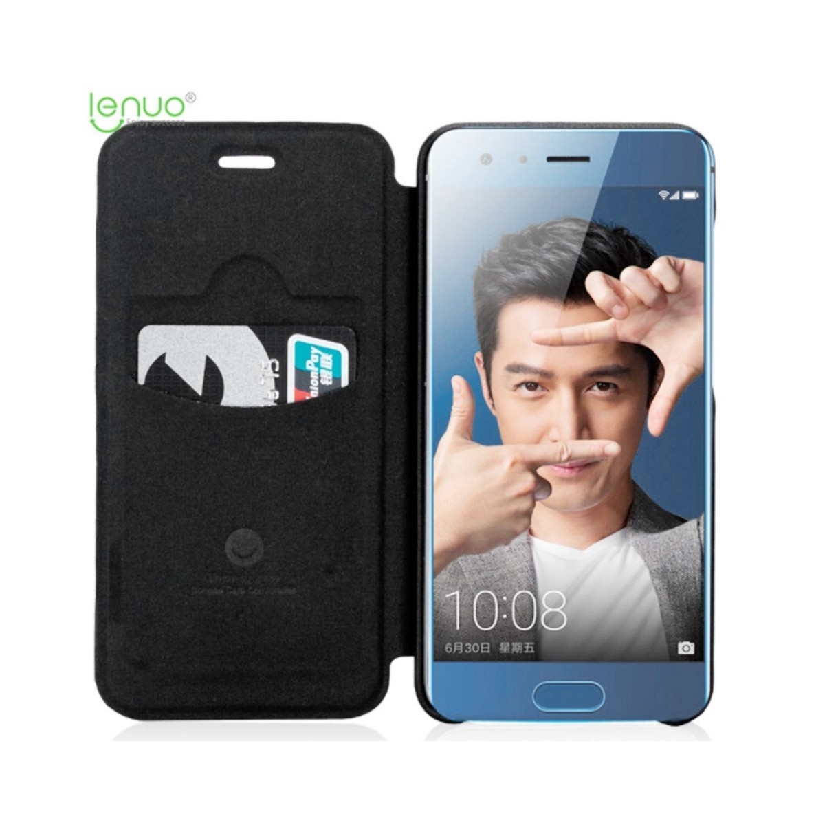Funda Piel Flip Negra Marca Lenuo para Huawei Honor 9