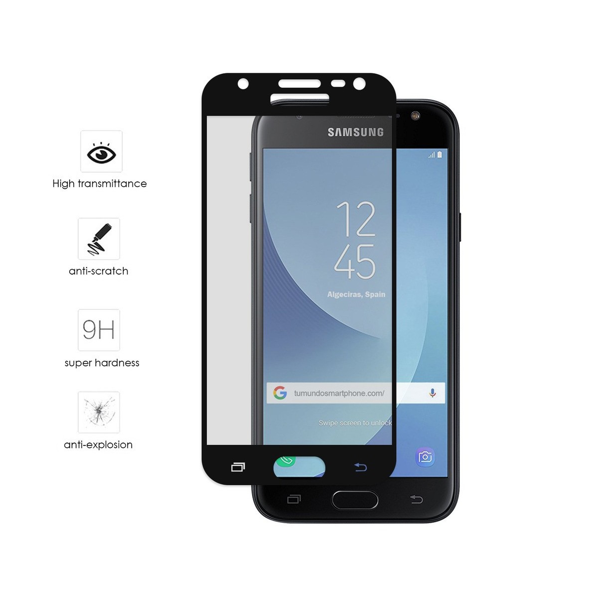 Protector Cristal Templado Frontal Completo Negro para Samsung Galaxy J3 (2017) Vidrio