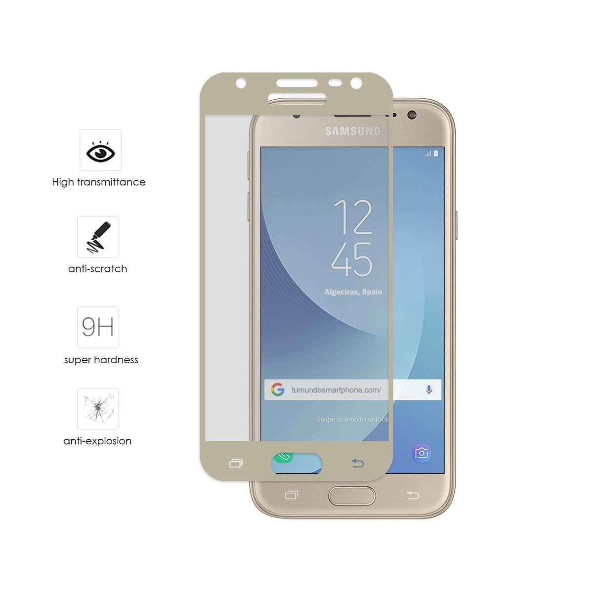 Protector Cristal Templado Frontal Completo Dorado para Samsung Galaxy J3 (2017) Vidrio