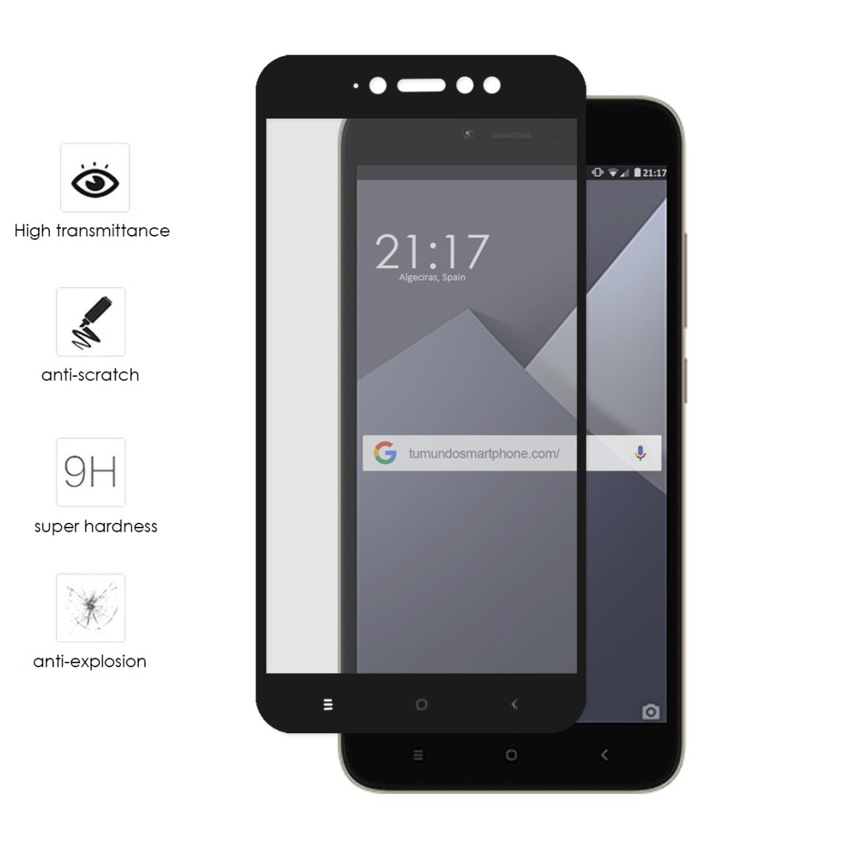 Protector Cristal Templado Frontal Completo Negro para Xiaomi Redmi Note 5A Pro / 5A Prime Vidrio